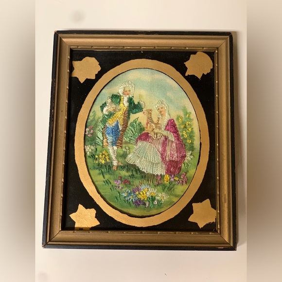 1830s Vintage Embellished Framed Silk Embroidered Man & Woman Portrait - Picture 9 of 10